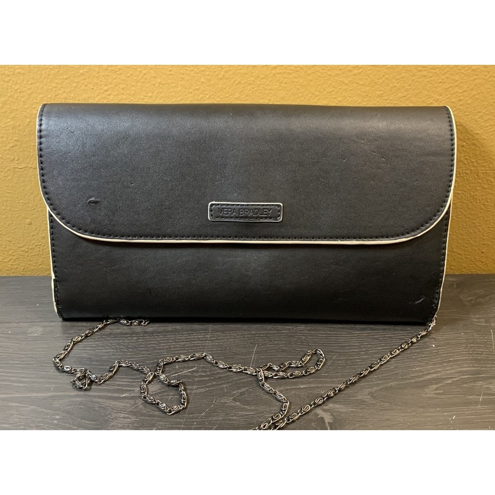 Vera Bradley Black Faux Leather Flap Clutch Classic Purse Chain Strap Crossbody